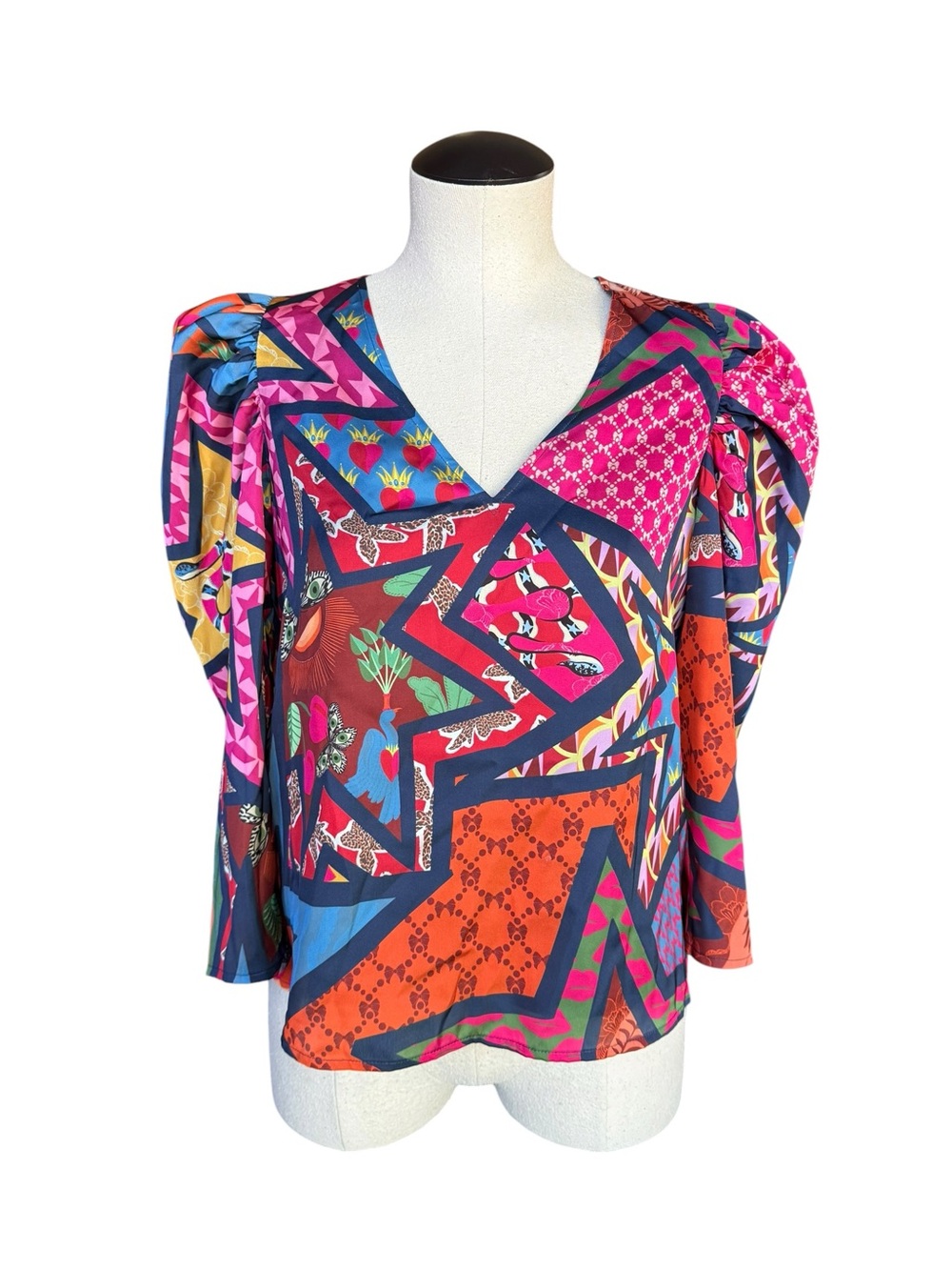 Alden Adair Finley NWT Blouse XS Star Power Pink Blue Colorful Preppy Coastal